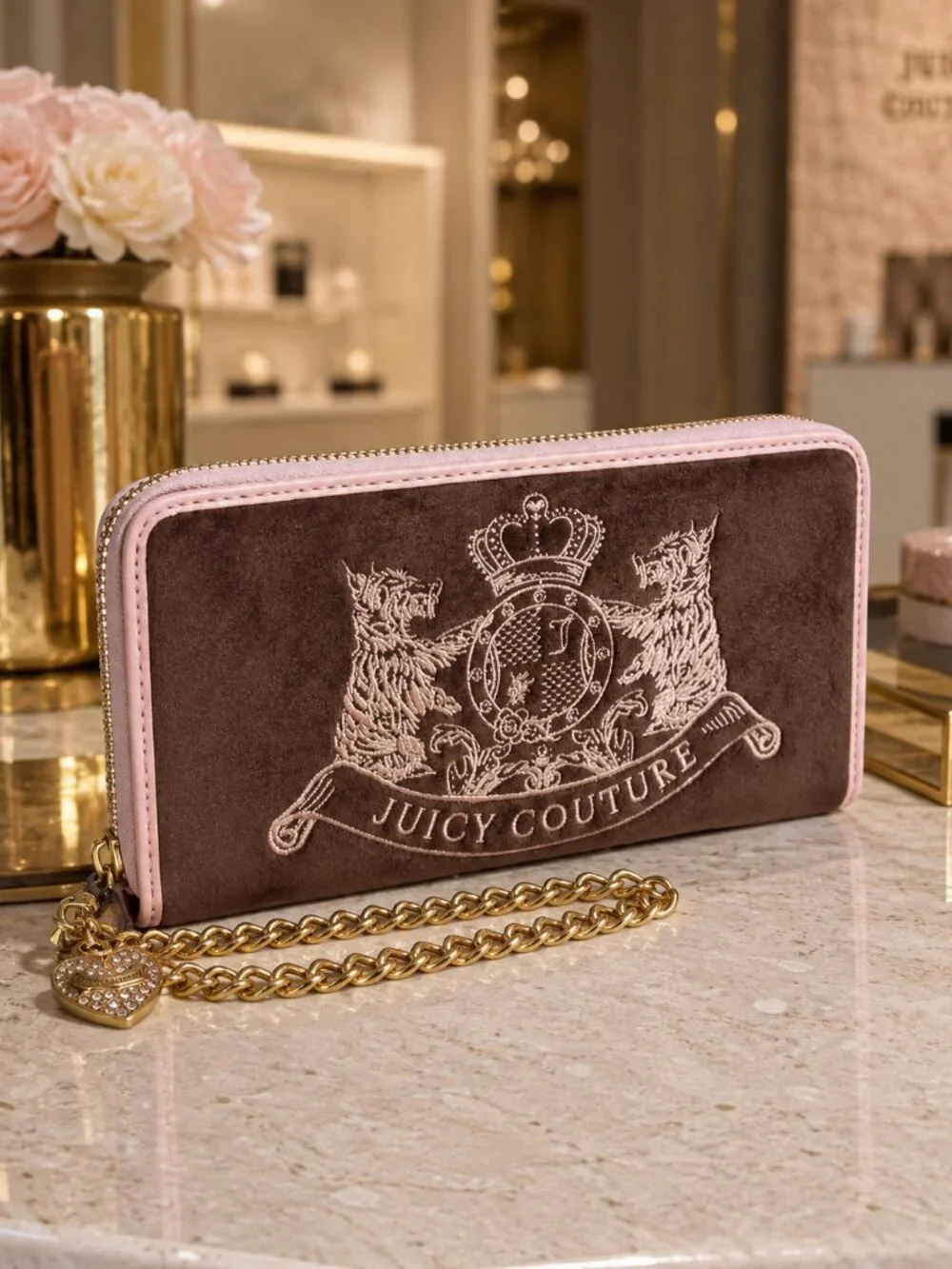 Juicy Couture Velour Zip Around Wallet Wristlet Brown Pink Chain NWT